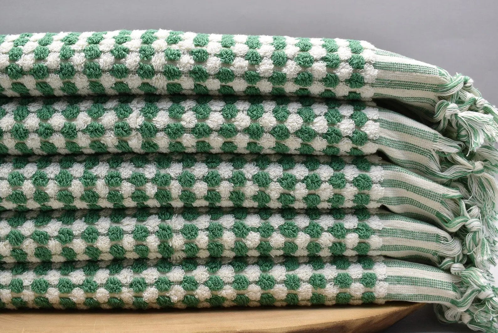 Bubble Green Terry Hand Towel Made from 100 Percent Turkish Cotton 38 Inch L x 20 Inch W with Fringe - Love Salve